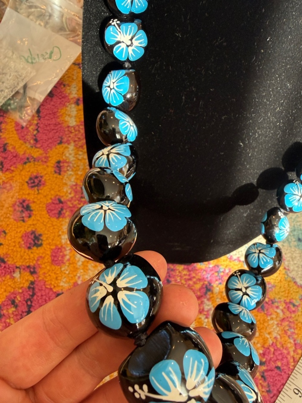 Handcrafted Blue Floral Bead Necklace - Picture 3 of 4